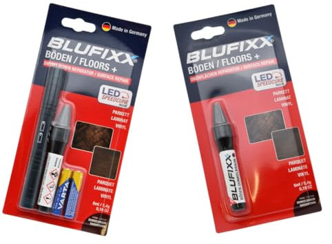BLUFIXX-Pro Bundle für Laminat, Vinyl und Parkett Eiche Dunkelbraun - PRO-EDITION 2024 - Reparaturkleber mit lichthärtendem Gel und LED Licht, Repariert Kerben, Kratzer und Dellen