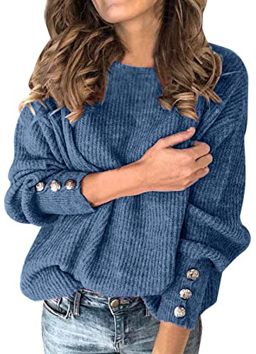 pull femme chic et elegant grande taille casual pull hiver chaud oversize avec boutons pullover tricoté cotele à la mode haut thermique manche longue col rond uni ideal tendance 2024 (Navy, L)