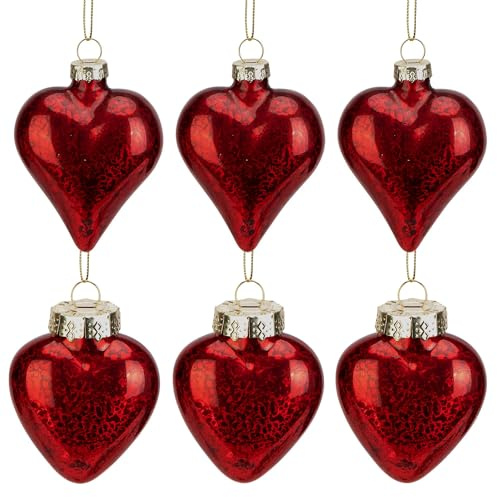 LFUTARI 6 Pcs Valentine's Day Heart Glass Ornaments, 2 Style Antique Red Mercury Glass Heart Ornament, Romantic Love Hearts Shaped Baubles for Party Valentines Wedding Anniversary Christmas Tree Decor