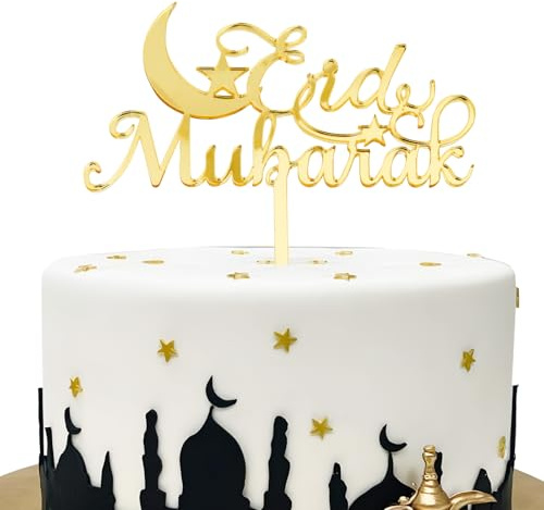 BOOMTOP Eid Mubarak Cake Topper Acryl Ramadan Kuchendeko Gold Glitzer Torten Topper Mond Sterne Cupcake Topper Muslimischen Islam Tortenstecker Kuchendekoration Tortenaufsatz