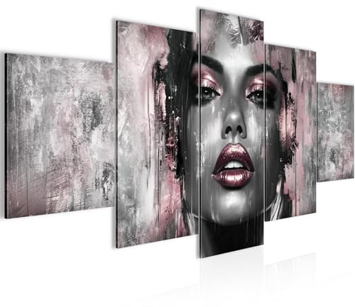 Runa Art Bild Fashion Frau 5 Teilig Lippen Grau Rosa Wandbilder auf Vlies Leinwand 052853c