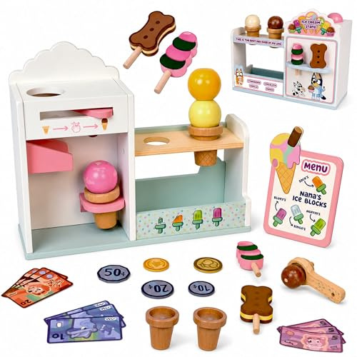 Bluey Kids Wooden Ice Cream Stand Playset – 26 Piece Pretend Play Shop with Menu Board, Play Money, Scoops & Accessories, Fun Role Play Toy for Boys & Girls, Develop Imaginative and Fine Motor Skills