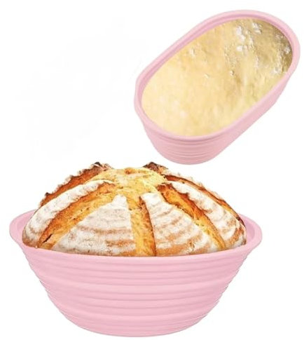 2 Pcs Banneton Bread Proofing Baskets,Silicone Sourdough Bread Baking Supplies, Bread Proofing Baskets for Sourdough, 9.3 Round & 10.2 Oval Collapsible Sourdough Baking Basket (Pink)