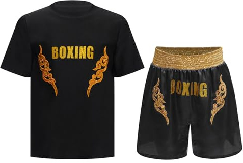 TSSOE Ensemble Boxe Thai Enfant Garçon Short de Boxe T-shirt Kick Boxing Costume Entraînement Combat Muay Thai MMA Or noir 13-14 ans