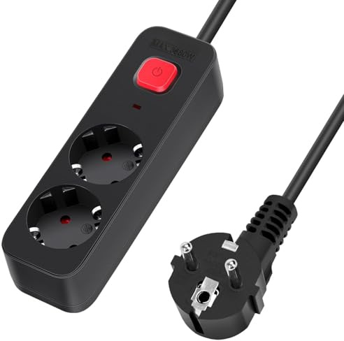 Steckdosenleiste - 2-Fach Steckdosenleiste mit Schalter, 1,5 m Kabel, 3G, 1,5 mm², Schwarz, ideal für elektrische Geräte*