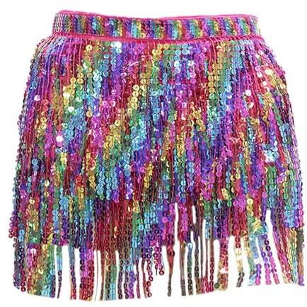 RuiChy Jupe Foulard Franges Scintillantes Pour Danse Orientale, Mini Jupe Portefeuille Arc-En-Ciel À 4 Couches De Franges Pour Femme, Festival, Danse, Spectacle, Rave, Ceintures