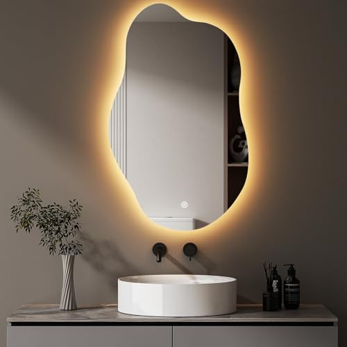 Hopibath Miroir de salle de bain LED asymétrique, interrupteur tactile, intensité variable, 3 couleurs de lumière, miroir mural organique, 62 x 90 cm