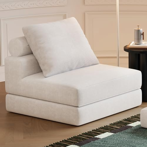 Lumbershed Folding Sofa Bed, 3-in-1 Convertible Sleeper Chair Bed with Pillows, Foldable Floor Couch with High-Density Foam, Futon Small Boneless Couch for Living Room Bedroom Lounge, Single, White
