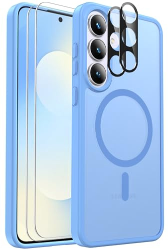 for Samsung Galaxy S25 FE Case Magnetic Shockproof, Fit for MagSafe, with Screen Protector X2 + Camera Lens Protector X2, Translucent Anti-Fingerprint Case for Samsung Galaxy S25 FE (Light Blue)