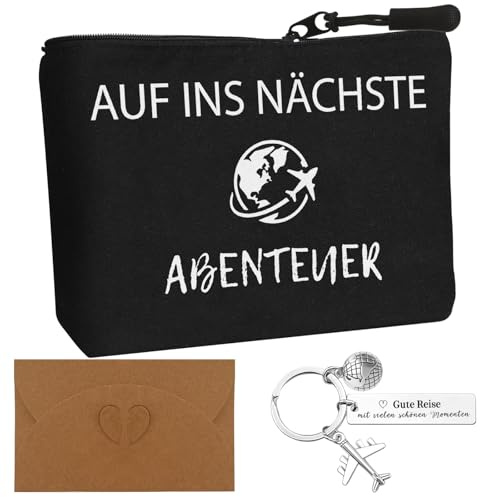 Gute Reise Geschenk für Reisende, Abschiedsgeschenk, Kosmetiktasche | Mit Schlüsselanhänger + Kraftpapier Umschlag Schminktasche Geschenke für Freundin & Kollegin, Reise Make Up Tasche