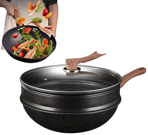 Antihaft Wokpfanne Set – Bratpfanne Mit Dämpfeinsatz Für Pfannkuchen Gemüse | Metall Mit Glasdeckel Und Steinboden, Antihaftbeschichtung, Vielseitig Einsetzbar Zum Braten Dünsten Backen Kochen