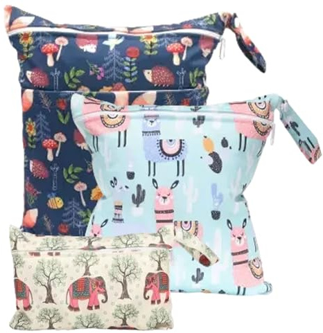 Lashua Nasstasche, 3er-Set wasserdichte Wet Bags mit Reißverschluss | Wetbag Kindergarten für Reisen Unterwegs (Tierprint)