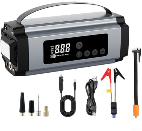 Oniissy Compressore d'aria portatile per gonfiaggio pneumatici auto con power bank da 8000 mAh, avviatore di emergenza, 25 l/min per gonfiaggio rapido, corrente di picco 3100 A, multiuso per veicoli