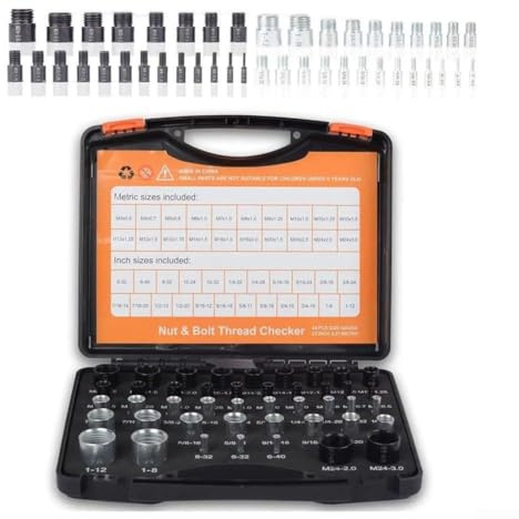 Set di 26/44 bulloni e calibri per viti metriche e imperiali, strumento di identificazione dei dadi con misuratori di misurazione filettatura maschio/femmina, in alluminio (26 pezzi, nero/argento)