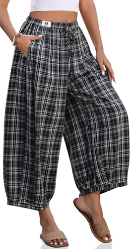 TARSE Women Cotton Linen Wide Leg Pants Plaid Loose Harem Pants Palazzo Casual Boho Summer Capri with Pockets(BlackPlaid,L)