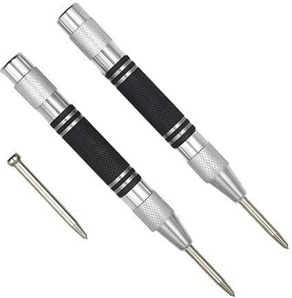 Automatic Center Punch, Precision Spring Loaded Marking Tool, 2 Pack | Adjustable tension, Heavy-duty HSS tip, Includes spare tip, Suitable for steel, wood & plastic marking