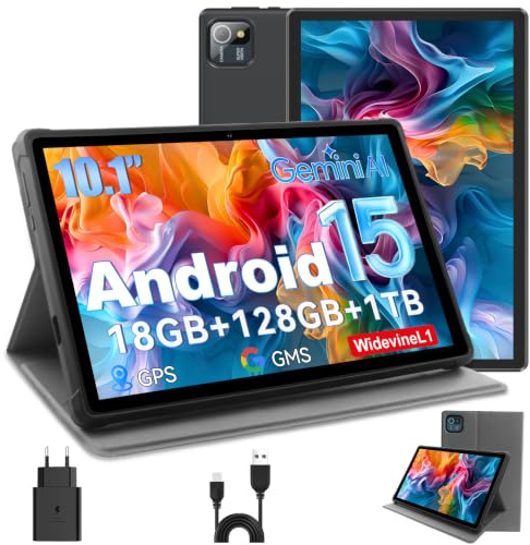 Hasskya Widevine L1 Tablette 10 pouces avec étui, Android 15 Tablettes PC avec 18 Go RAM + 128 Go ROM (1 To TF), tablette octa-core compatible avec WiFi 6,5 + 8 MP double caméra, 6000 mAh, processeur