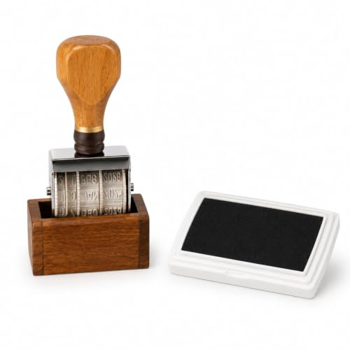 Date Stamp Self Inking Date Stamps for Office Use | Wooden date stamp, features rotating day month year wheels, includes black ink pad, fit for office, craft, and planner use