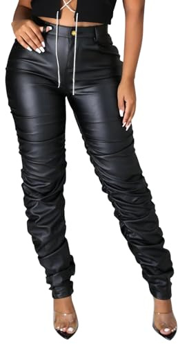 hibshaby Pleather Pants for Women Plus Size, Sexy Club Faux Leather Pants Bodycon High Waist Ruched Stacked Legging Black XL