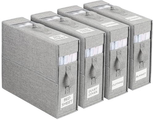 WELTRXE Bed Sheet Organizer, 4 Pack Foldable Bedding Organiser with Handle and Window, Foldaway Closet Storage Bins, Storage Container Box for King Queen Sheet Duvet Cover Set Blanket Clothes, Grey