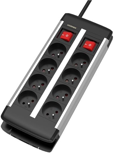 Multiprise 10 Prises avec 2 Interrupteurs, Montable, Sécurité Enfants | Certifié TÜV, Protection Thermique, Câble 2m, 16A 3680W