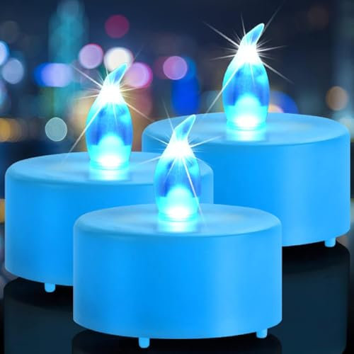 Nancia Juego de 24 velas LED sin llama con pilas, realistas, brillantes, parpadeantes, velas de té eléctricas, lata duradera para 200 horas, bodas, fiestas, festivales, decoración azul