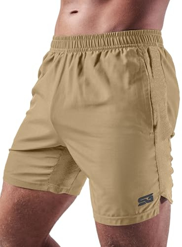 Satire Gym Fitnessshorts för män med lös passform - snabbtorkande sportshorts - sportshorts för herr lämpliga för bodybuilding eller som löparshorts och crossfit-shorts, sand, S