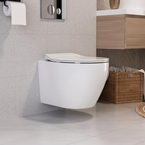 DeerValley Wall Hung Toilet Bowl, Elongated Wall Mounted Toilet with Soft Close Seat, 1.1GPF/1.6 GPF Dual Flush, Compact Toilet for Small Bathroom, White (Only Bowl)