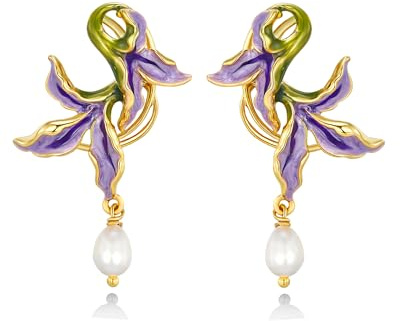 18K gold plated Enamel Dainty Chunky Enamel CZ Iris Floral Pearl Purple Green Leaf Orchid Statement Earrings for Women by SNGIA, Modern Bohemian Summer Beach Floral Handmade Drop Jewelry, Flower Maximalist Wedding Date Birthday Gift, Bold Exaggerated Sunflower Tropical Stud Trendy Jewelry, 18K gold plateden Colorful Fashion Vacation Accessories, Vintage Thick Nickle Free Gifts.
