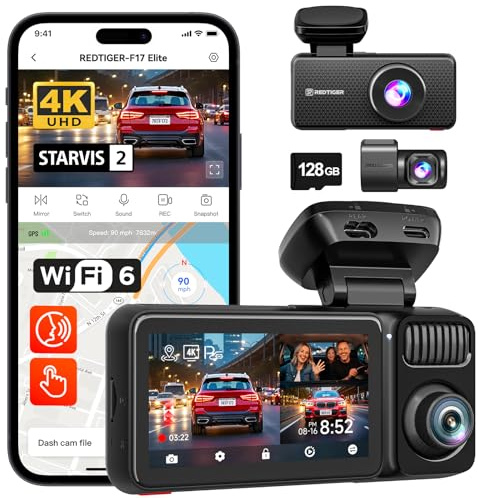 REDTIGER F17 Elite 4K 3 Channel Dash Cam, STARVIS 2 IMX678 & IMX675, 128GB Card, Full Night Color, 4K+2.5K+1080P Front and Rear Inside, Touch Screen, Voice Control, 5GHz WiFi 6, GPS, HDR, Parking Mode