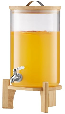 VEVOR Distributeur de Boissons Grande Capacité de 8 L, Fontaine à Eau en Verre, Distribution d’Eau Jus Limonade Thé Glacé, avec Support en Bois et Robinet en Inox, pour Restaurant Café Hôtel Fête