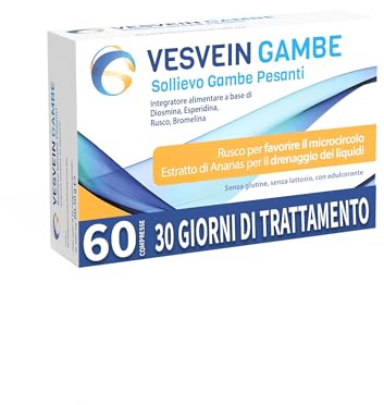 Vesvein Gambe, integratore di Diosmina, Esperidina e Bromelina, sollievo gambe pesanti, 60 compresse - 1 mese di trattamento