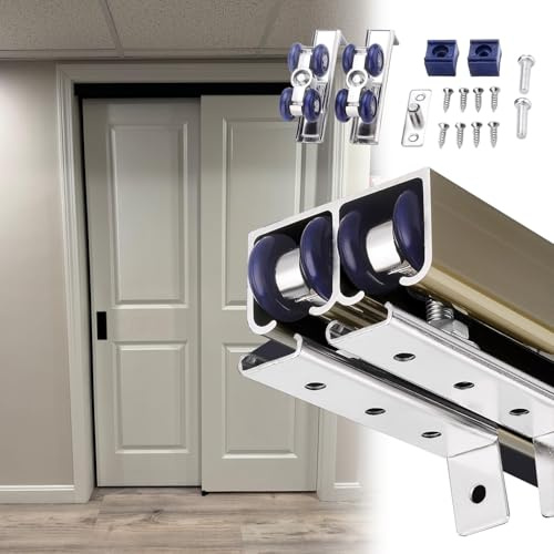 Kit de herrajes para puerta corredera para puertas de doble hoja, riel de aluminio pesado para puertas correderas de armario, sistema de puerta con rodillos lisos (champán h)