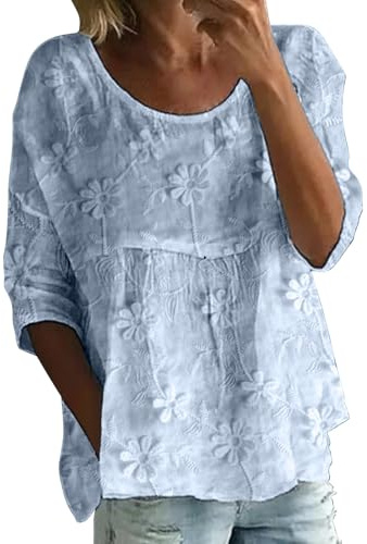 Camicia Donna Lino Manica 3/4 Camicetta Estiva Fantasia Floreale di Cotone Leggera Traspirante Maglietta Girocollo Blusa Elegante Curvy Shirt Top Casual Morbida per Spiaggia O Tempo Libero Moda 2026