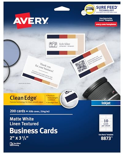 Avery Clean Edge Printable Business Cards with Sure Feed Technology, 2 x 3.5, White Linen Textured, 200 Blank Cards for Inkjet Printers (08873)