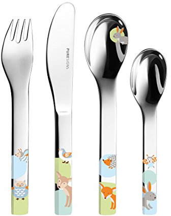Puresigns WOODY Premium Kinderbesteck-Set: Ergonomisches 4-teiliges Edelstahlbesteck mit Waldtier-Motiven für Jungs & Mädchen