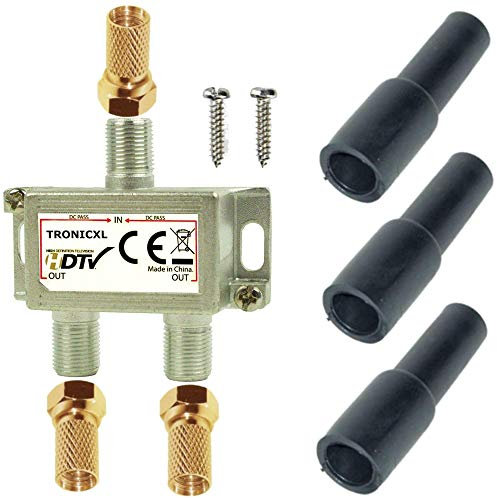 TronicXL Sat Splitter 2-Fach HD tauglich digital Antennenverteiler TV Verteiler F-Stecker Adapter Wetterschutz DC-Durchlass kompatibel mit für DVBT DVBC Unitymedia Vodafone Kabelfernsehen Silver Line