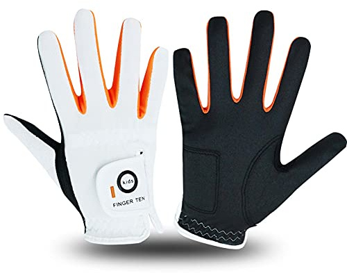 FINGER TEN Golf Gloves for Kids Boys Girls Both Left Right Hand Value 1 Pair, Toddler Junior Youth Golf Glove White Green Black (White, Small)