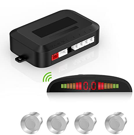 Einparkhilfe Kabellos Bausatz,Rückfahrradarsystem mit 4 PDC Sensor, Kabellose LED-Entfernungsanzeige mit akustischer Warnung + 4 Silber Farbe Einparkhilfe Hinten Für Auto Vans RV Trailer