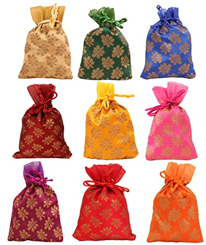 Touchstone Drawstring Bags Traditional Indian Handcrafted in Mimosa leaf Pattern Brocade fabric. Perfect for Gifts Jewelry Weddings Sweet Distribution Set of 9 Vibrant Multicolor Pouches Purses Potli.