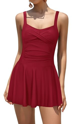 SHEKINI Women One Piece Swim Dress Twist Front Ruched Tummy Control | Skirted Swimsuit, Padded Swimdress, Retro Bathing Suit with Shorts, Non-removable Fixed Padding, Adjustable Straps