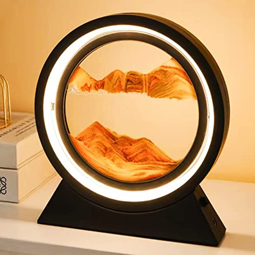 Neioaas 3D Moving Sand Art Tischlampe,360 ° rotierende Sandlandschaften Sanduhr-Dekor fließende Sandlichter,3D Tiefsee-Sandkunst-Treibsandlampe,erwachsenes Kind Treibsand Malerei Dekor (Schwarz-Gelb)