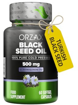 ORZAX Black Seed Oil Capsules 500mg - High Strength 20mg Thymoquinone - 60 Cold Pressed Nigella Sativa Softgels - Supports Immune, Hair, Skin, and Joint Health