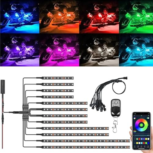 12PCS Streifenlicht Set für Motorräder Wasserdicht RGB Neon Akzentlichter Bodeneffekt Atmosphärenlicht DC 12V mit APP und RF-Fernbedienung Kompatibel mit Harley Honda Kawasaki Yamaha Motorräder