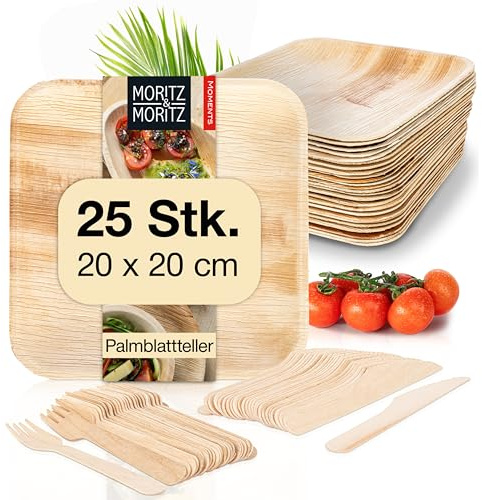 Moritz & Moritz Vaisselle carrée en feuille de palmier de 20 cm avec couverts – 25 assiettes jetables 20 x 20 cm – 25 couverts en bois jetables – Alternative aux assiettes en bambou et à la vaisselle