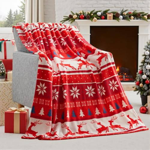 Joiedomi Rote Fair-Isle Weihnachtsdecke (130x150cm), Weiche Flanelldecke, Warme Plüsch Weihnachtsdekoration, Gemütliche Hüttendecke für Sofa Couch