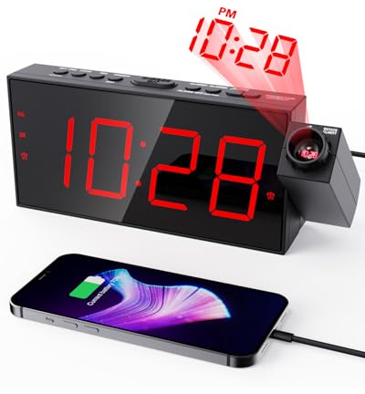 ROCAM Projection Alarm Clock, Loud Alarm Clock Bedside for Heavy Sleepers | Digital Alarm Clock with USB Charge Port, Alarm Clock Projector for Bedroom with Dimmer, Snooze