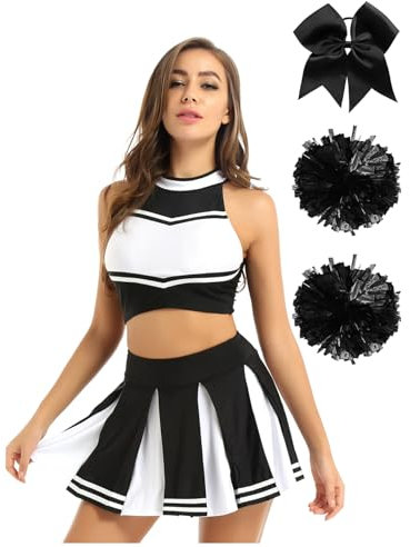 Nyeemya Damen Cheerleading Kostüm Cheer Outfit Ärmellos Crop Top mit Rock Pompons Haarband High School Party Tanzkleidung Schwarz XXL