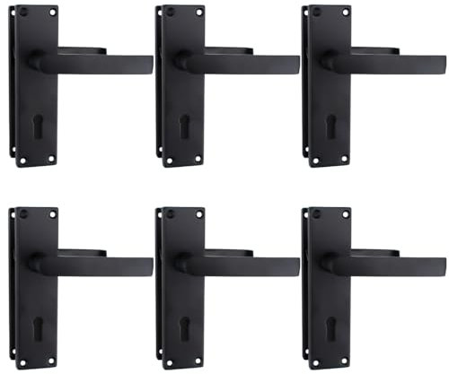 Bwintech Lot de 6 paires de poignées de porte plates noires - Design victorien classique droit, avec trou pour clé, idéales pour tous les types de portes en bois, portes intérieures