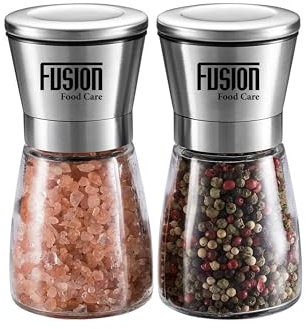 Fusion Food Salt and Pepper Grinder Set – Refillable Salt & Pepper Mills with Adjustable Coarseness – Premium Stainless Steel & Glass Design – Perfect for Fresh Spices and Seasoning